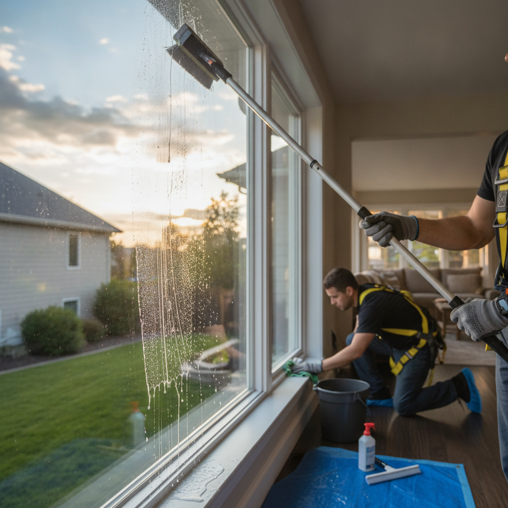 Close-up of a technician carefully wiping down the frame and sill of a spotless, newly cleaned window on an Orlando storefront business.
