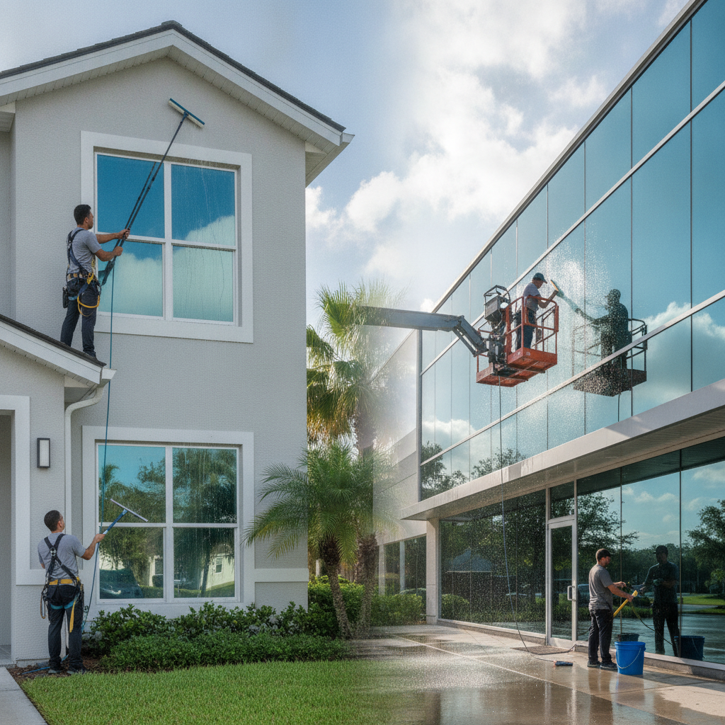 A professional window cleaner using a squeegee on a clean, modern glass storefront in Orlando, Florida, with palm trees reflected in the spotless window.