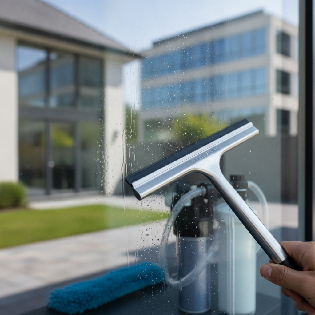A close-up of a commercial window washer using a water-fed pole system to clean the exterior windows of a multi-story office building in Orlando, FL.