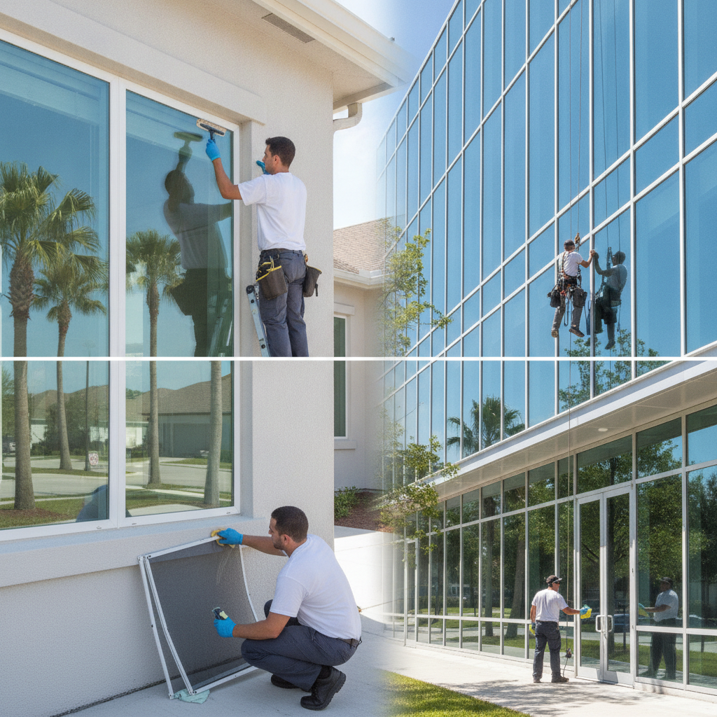 A professional window washer carefully cleaning a large second-story window of a modern residential home in Orlando, FL, using a squeegee and soapy water.