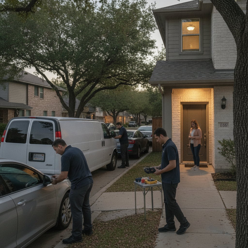 A professional local locksmith in a service uniform using specialized tools to safely unlock the front door of a residential home in Austin, Texas.