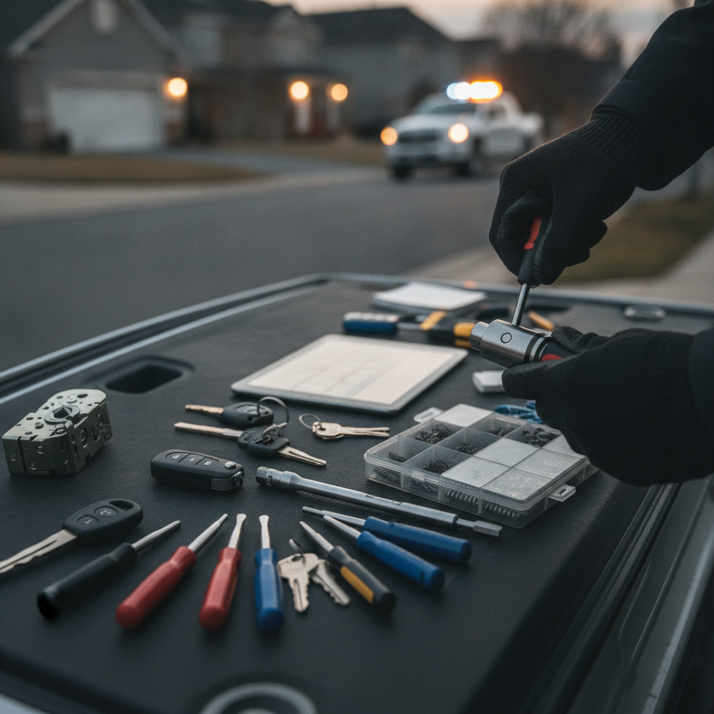 A mobile service van equipped with key cutting machines and lock hardware parked in a residential driveway in Austin, TX.