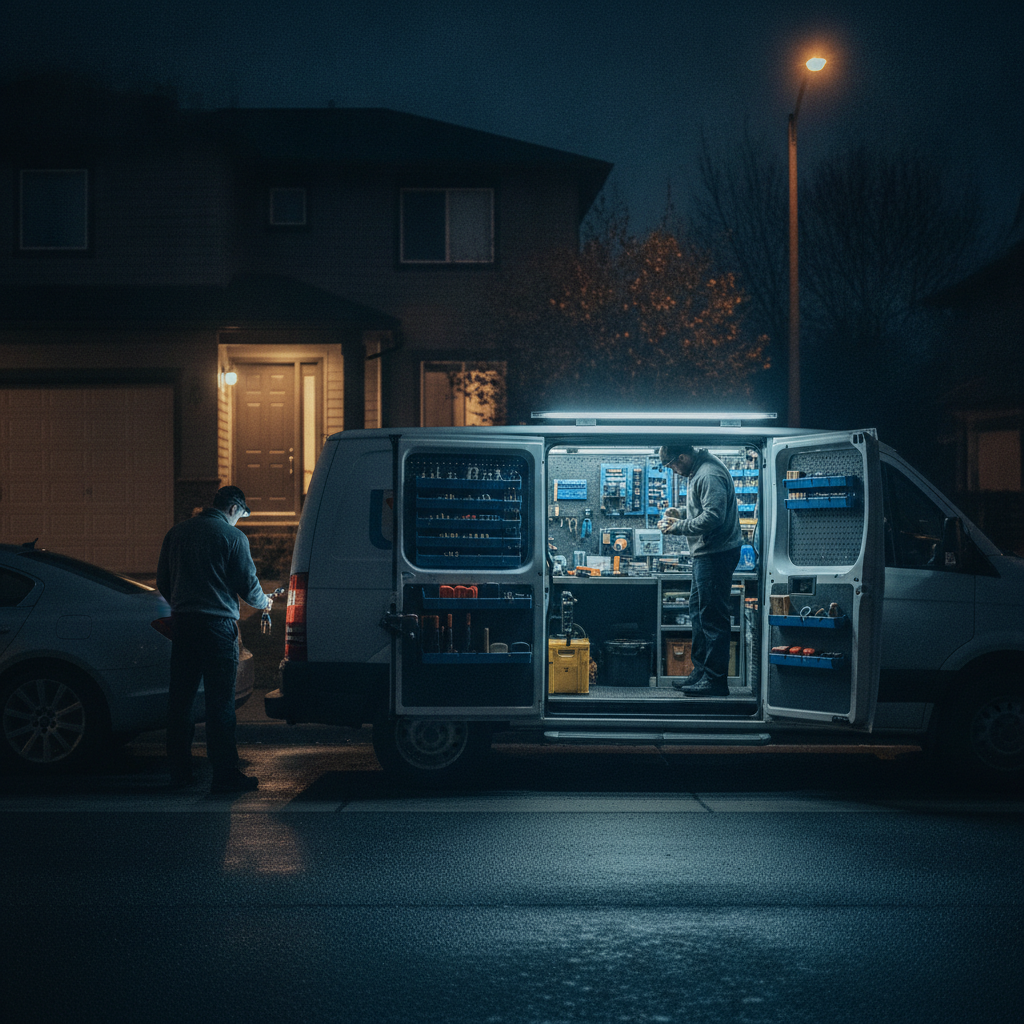 A professional locksmith technician in a branded uniform using specialized tools to safely unlock the front door of an Austin, Texas home.