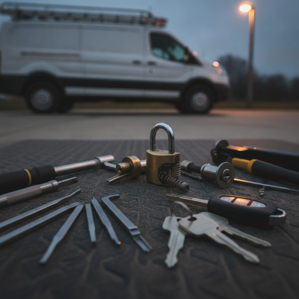 A mobile locksmith service van parked on a residential street in Austin, TX, with a technician preparing a key cutting machine inside the well-organized work bay.
