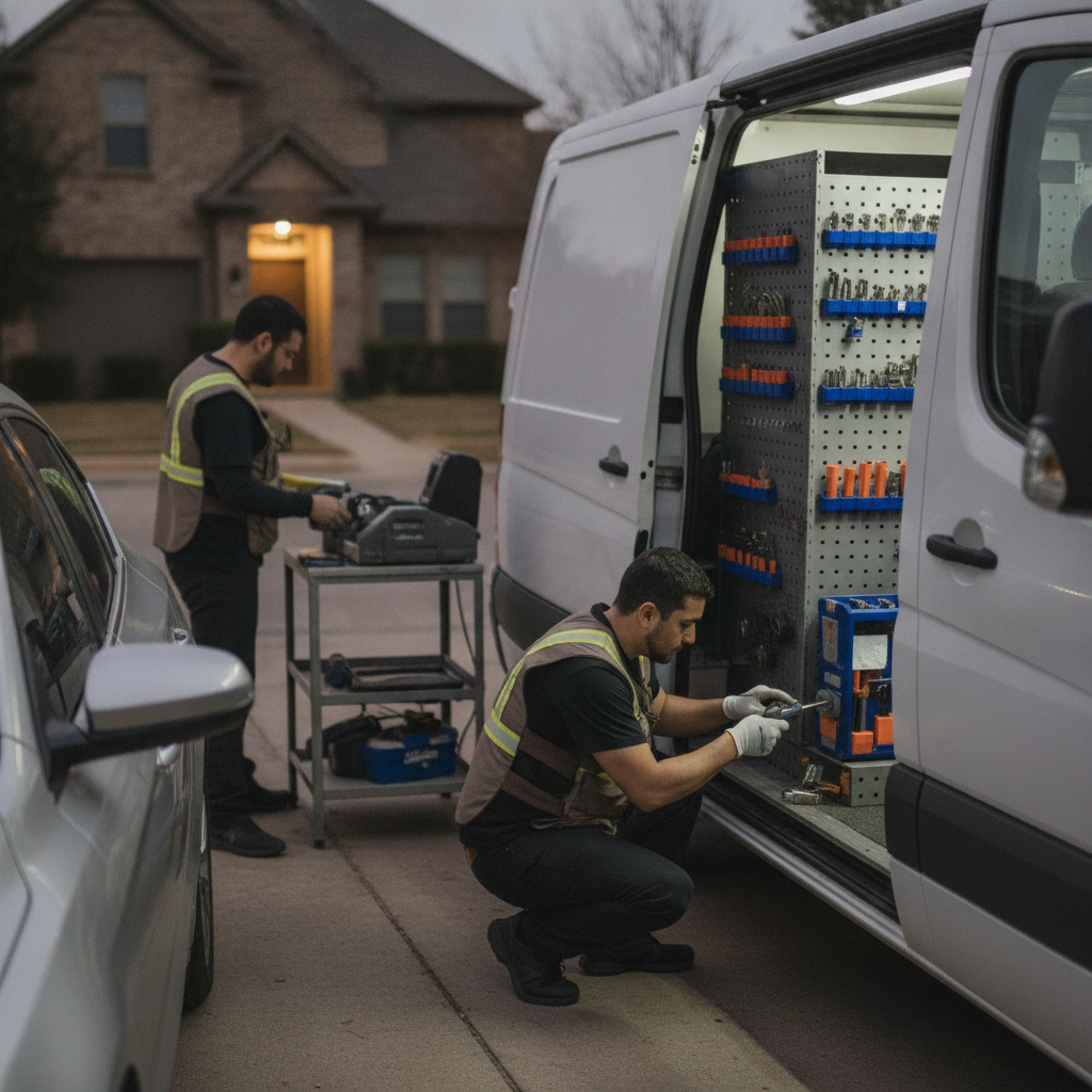 A professional locksmith technician in Austin, Texas using specialized tools to safely unlock the front door of a residential home, maintaining a 16:9 aspect ratio.