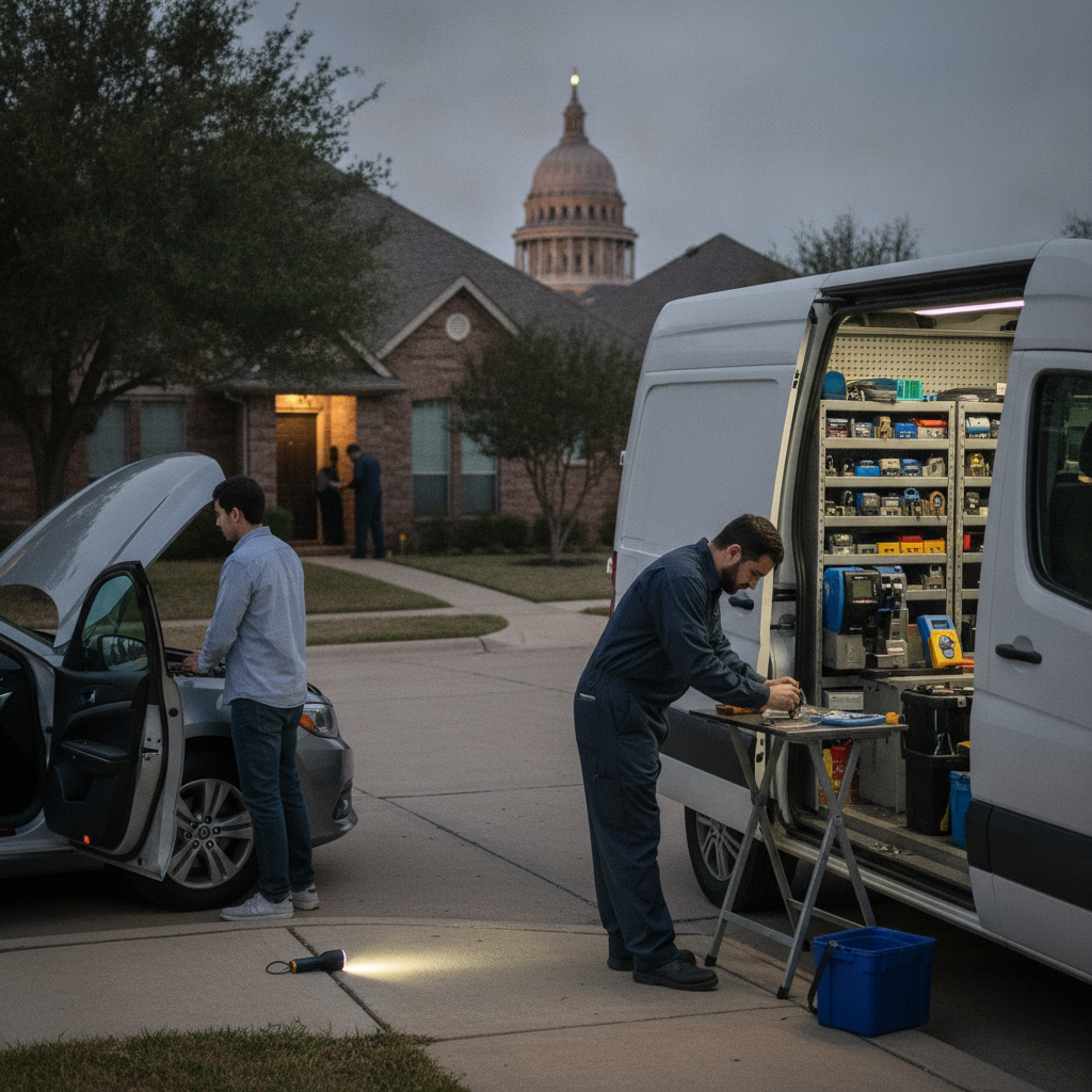 A professional automotive locksmith cutting a new car key inside a fully equipped mobile service van parked on a street in Austin, Texas.