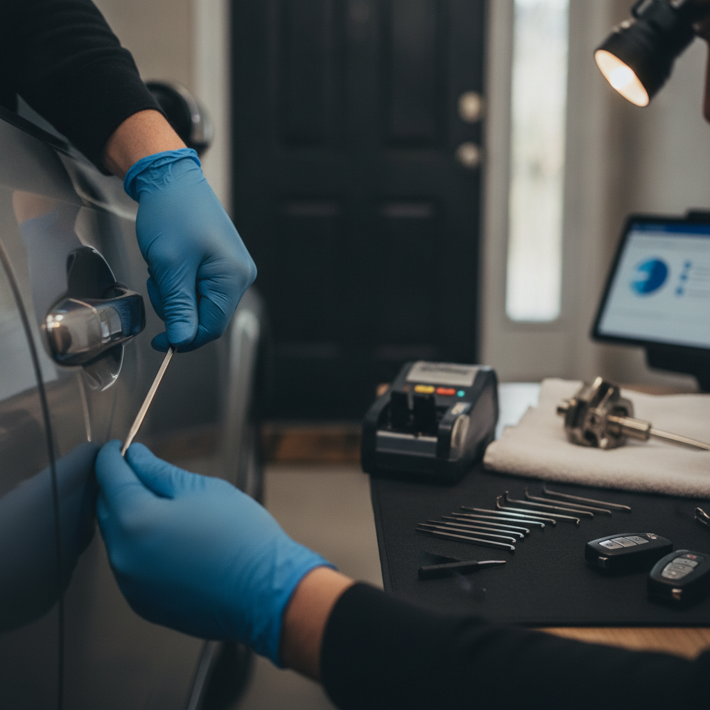 A close-up of a technician programming a modern transponder key fob for an SUV in Austin, TX.