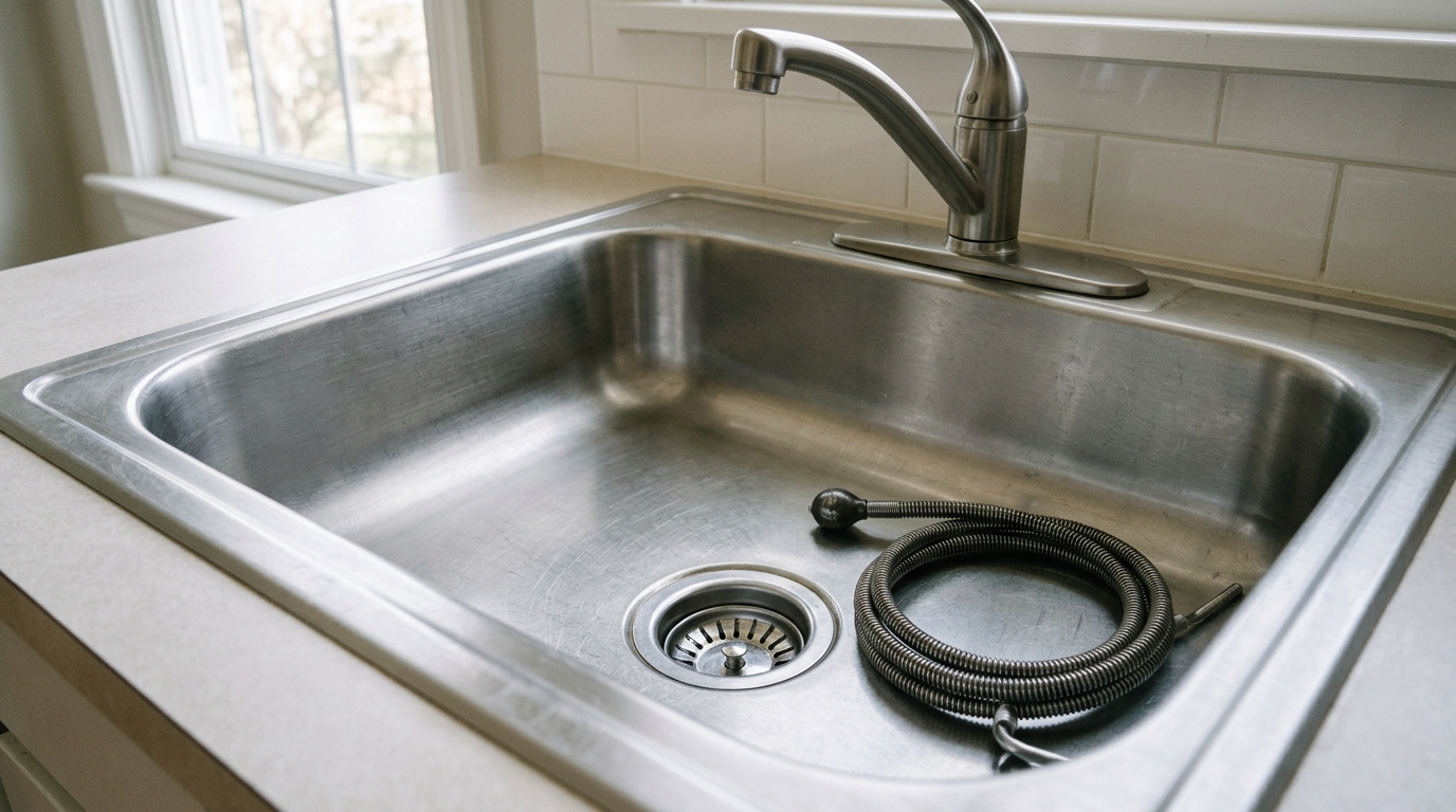 Professional clearing a sink drain pipe under a basin