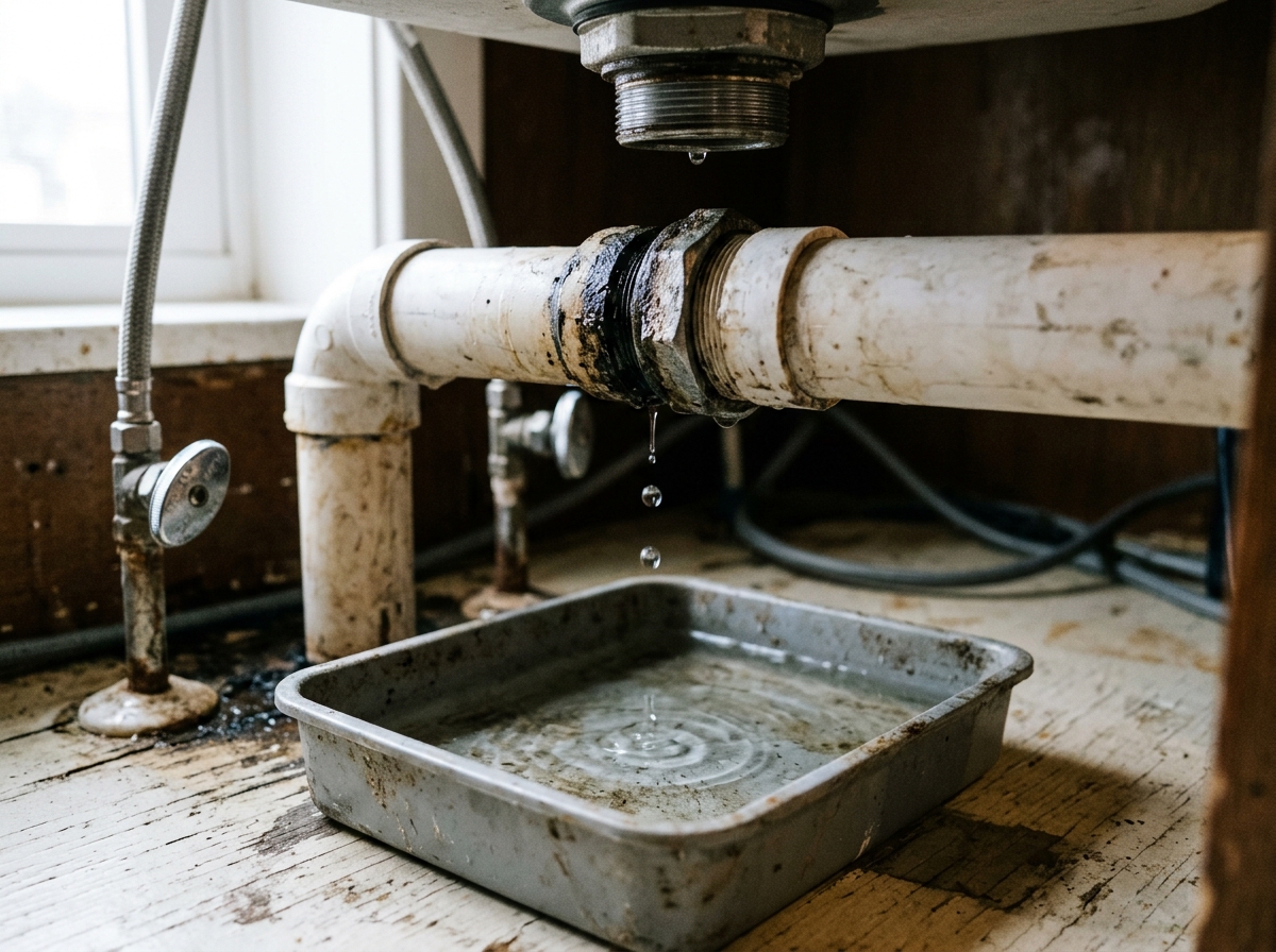 Detailed view of a functional water faucet and sink drain setup
