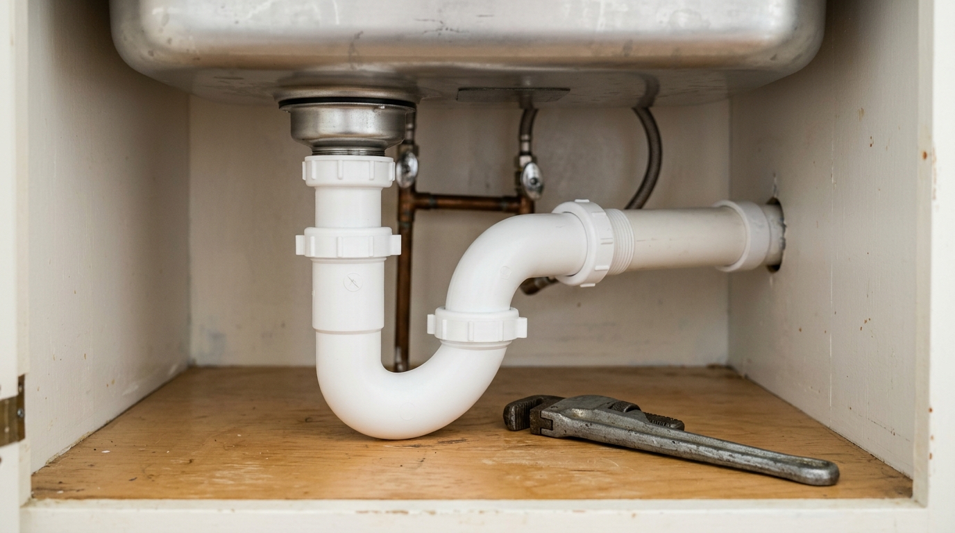Plumbing technician working under a sink drain assembly