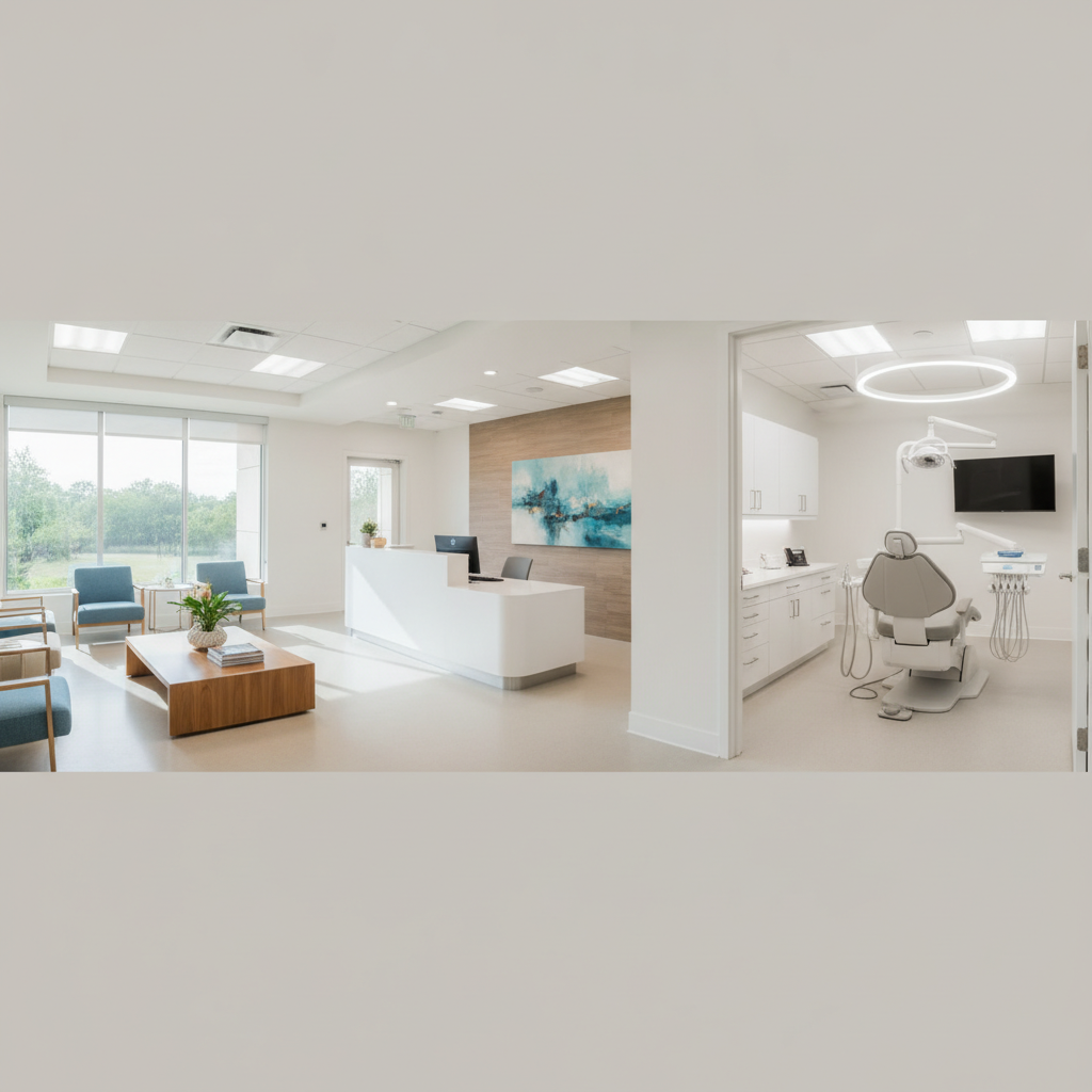 A bright, welcoming dental clinic reception area in Austin with warm lighting, comfortable seating, and a friendly receptionist greeting a family.