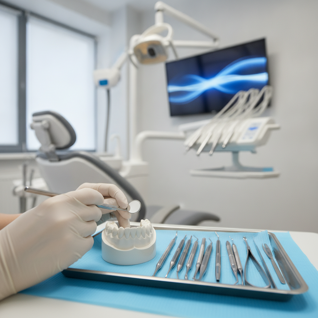 A gentle dentist in a modern Austin dental clinic explaining a digital X-ray on a screen to a relaxed, smiling patient.