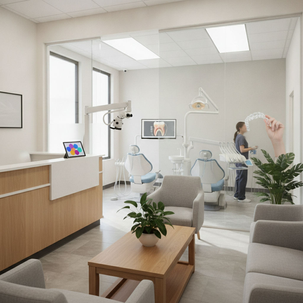 A bright and welcoming dental clinic reception area in Austin, TX, featuring warm lighting, comfortable seating, and a friendly receptionist greeting a family.