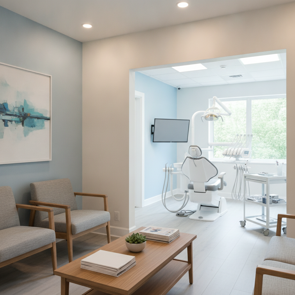 A bright, modern dental office reception area in Austin, Texas, featuring warm wood accents, comfortable seating, and a friendly receptionist welcoming a family.