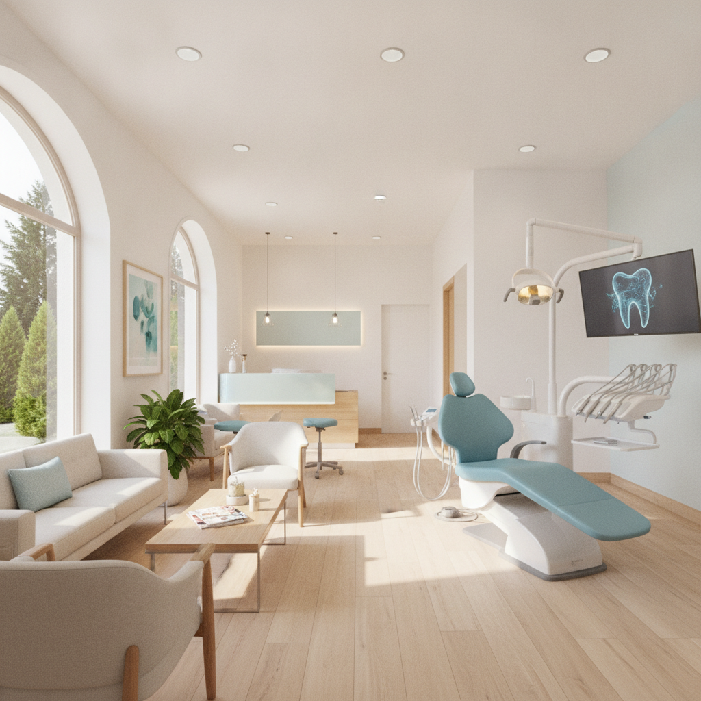 A bright and welcoming dental reception area in Austin, Texas, featuring warm lighting, comfortable seating, and a friendly receptionist greeting a family.