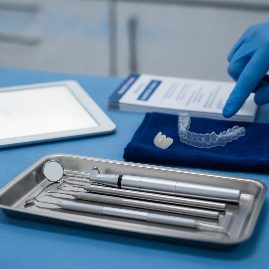 A gentle dentist in a modern Austin dental clinic explaining a treatment plan to a relaxed patient, showing a model of teeth in a reassuring manner.