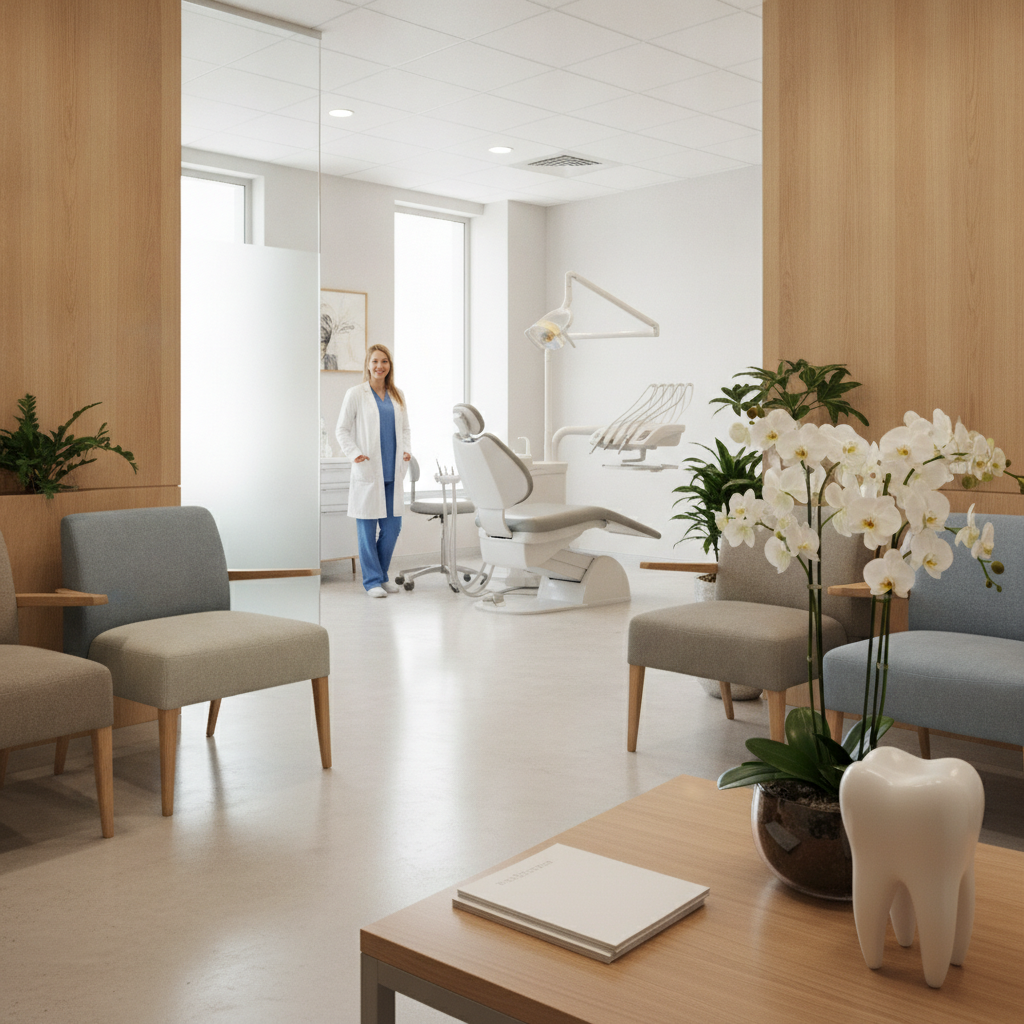 A bright and welcoming modern dental office reception area in Austin, Texas, featuring warm wood accents and comfortable seating for families.