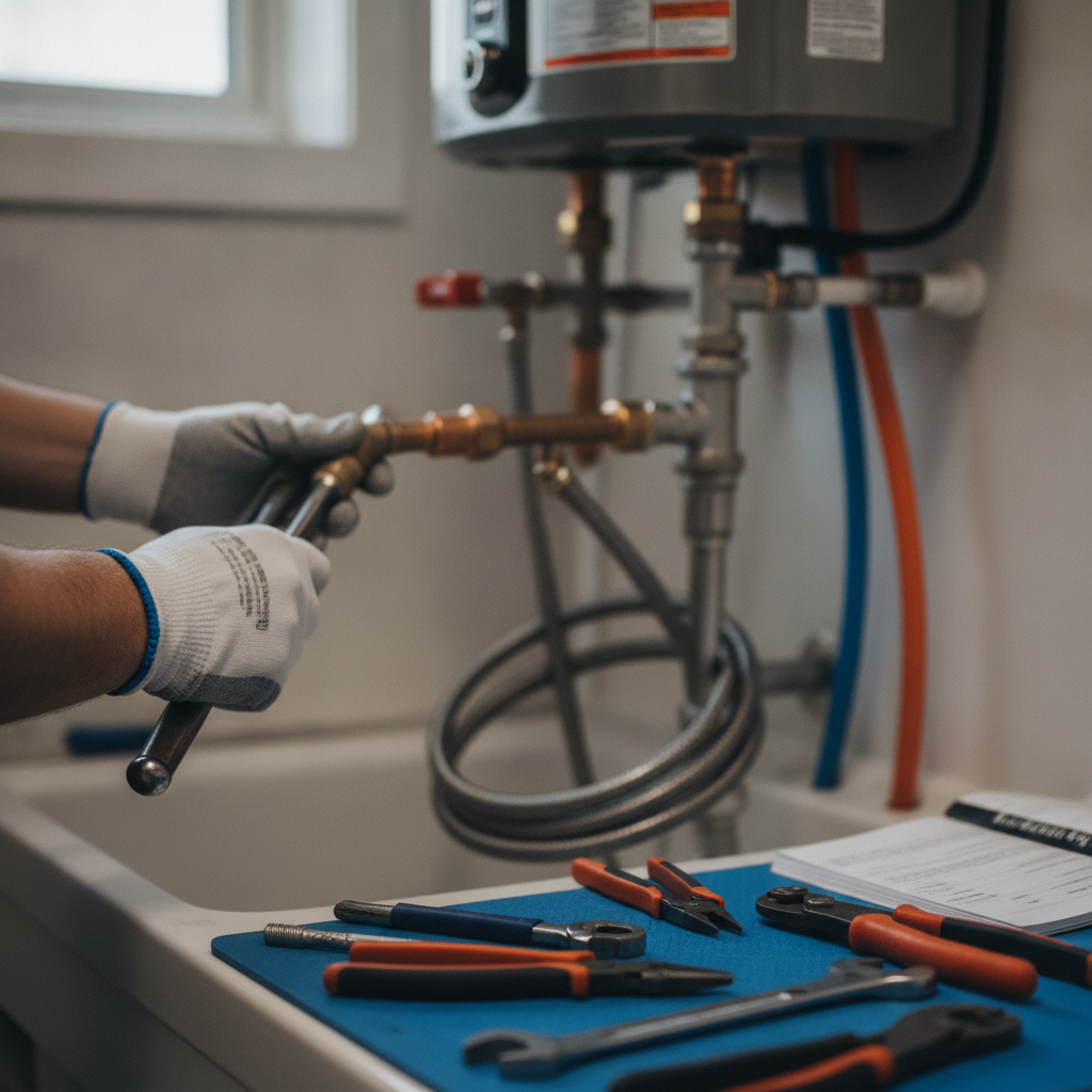 A plumber using specialized electronic leak detection tools to locate a pipe leak under a kitchen floor in an Austin home