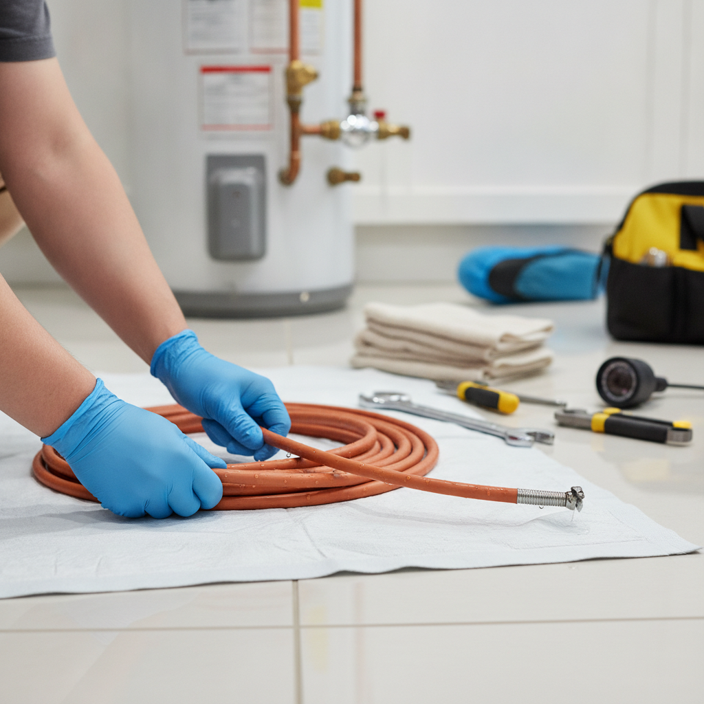 A plumber performing water heater repair and inspection inside a home garage in Cedar Park, Texas.