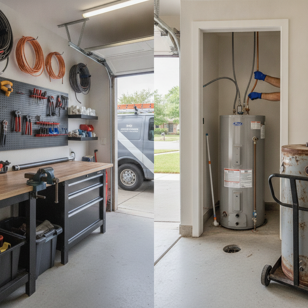 A professional plumber inspecting a residential water heater system in an Austin TX home utility closet, holding tools and speaking to a homeowner.