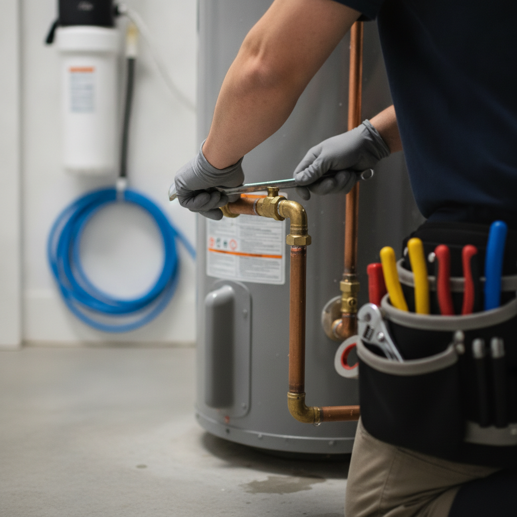 A plumber using specialized drain cleaning equipment to clear a main line blockage inside an Austin Texas home.