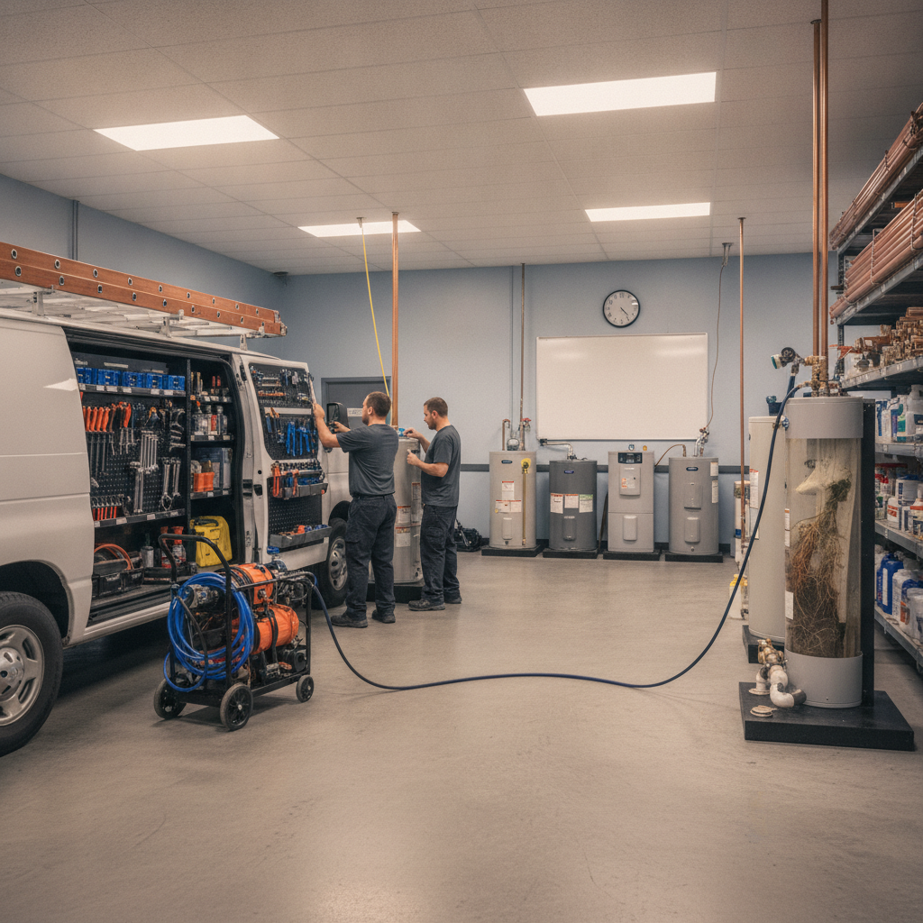 A professional plumber in a blue uniform repairing a copper water pipe under a kitchen sink in a Seattle home.