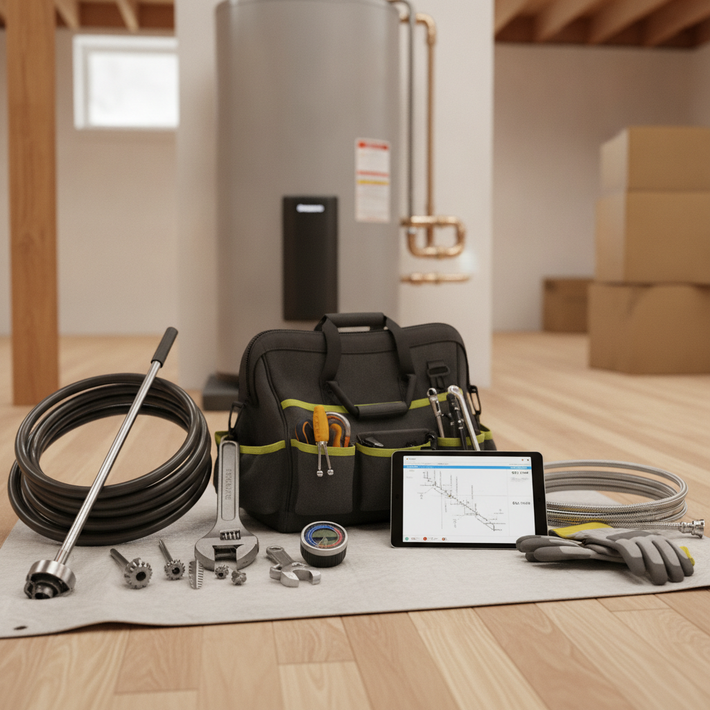 A modern water heater unit installed neatly in a residential utility closet with clean copper pipe connections.