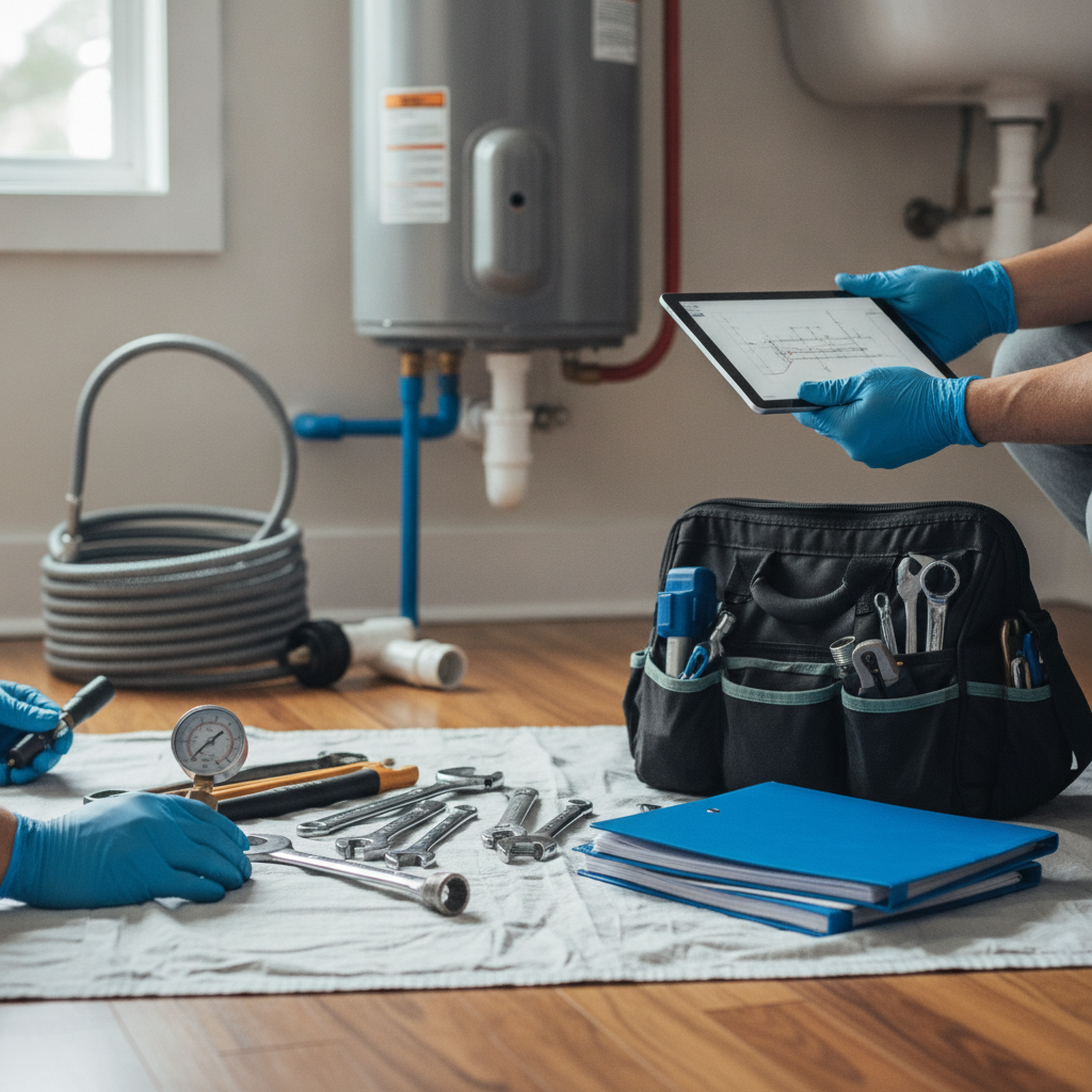 A service technician inspecting a residential water heater tank in a utility room, checking the valves and connections.