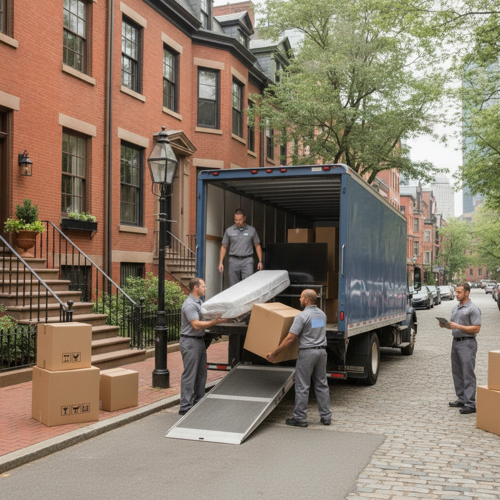 Professional residential movers carefully loading a clean moving truck parked on a historic street in Boston, MA.