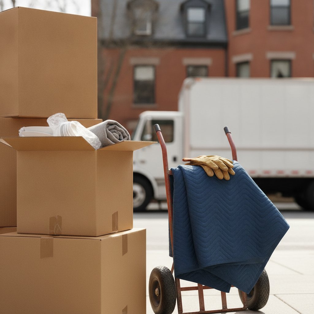 A stack of neat moving boxes with protective blankets inside a spacious residential home in Boston.