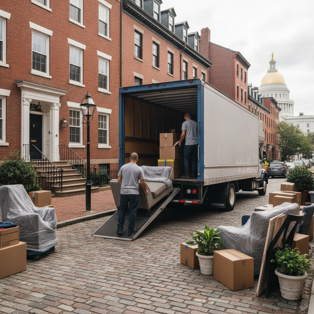 Professional movers carefully loading a residential moving truck on a historic street in Boston, MA.