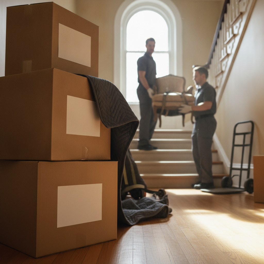 A stack of clean, sturdy moving boxes ready for a full-service residential move in a Boston apartment.