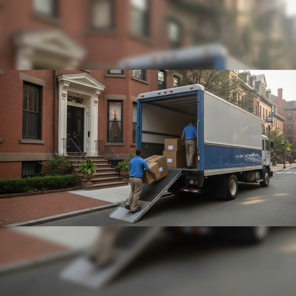 Professional movers carefully loading a household couch wrapped in protective moving blankets into a clean moving truck parked on a street in Boston, MA.