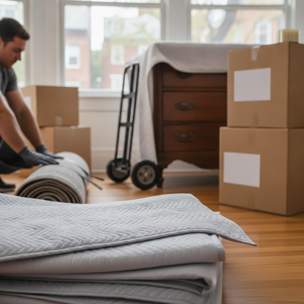 A stack of sturdy cardboard moving boxes labeled for a residential move inside a bright Boston apartment, with a professional mover in the background preparing furniture.