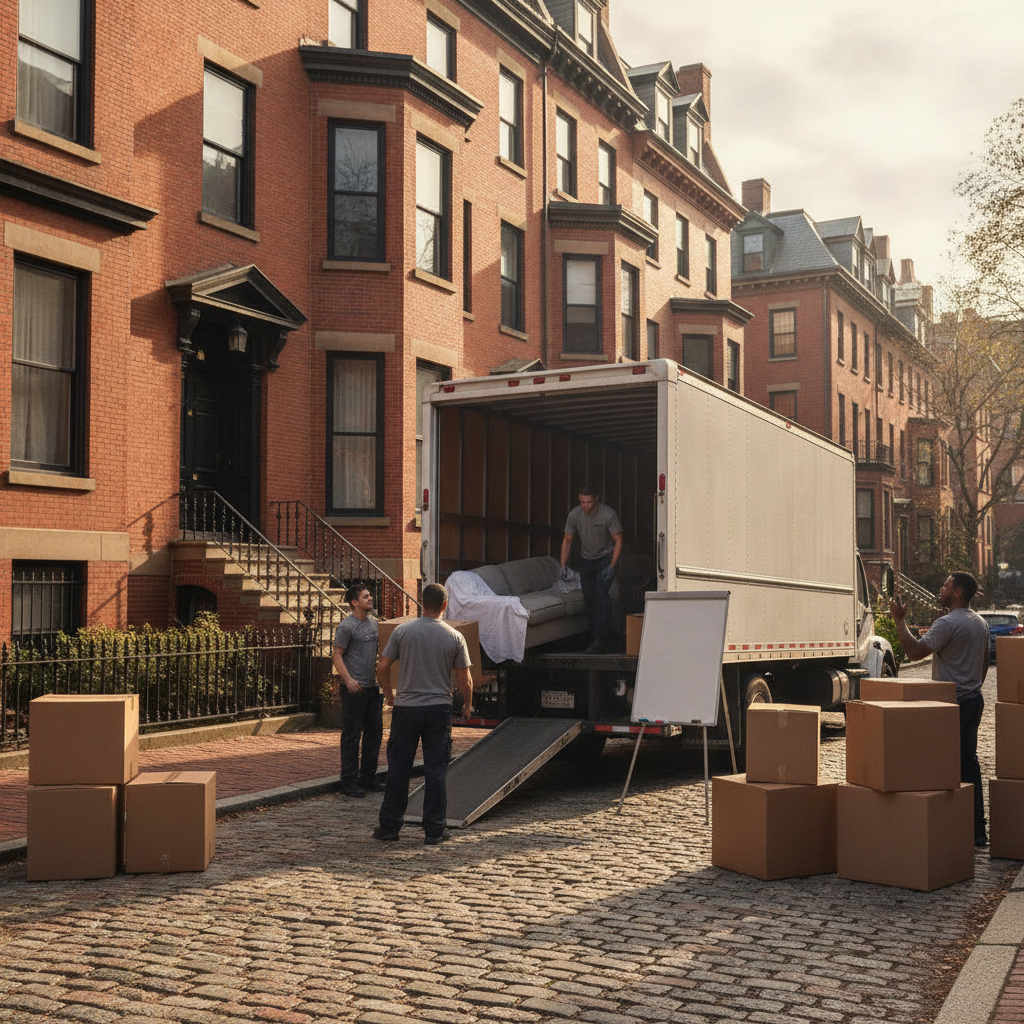Professional movers carefully loading a residential moving truck parked on a historic street in Boston, MA near Cambridge St.