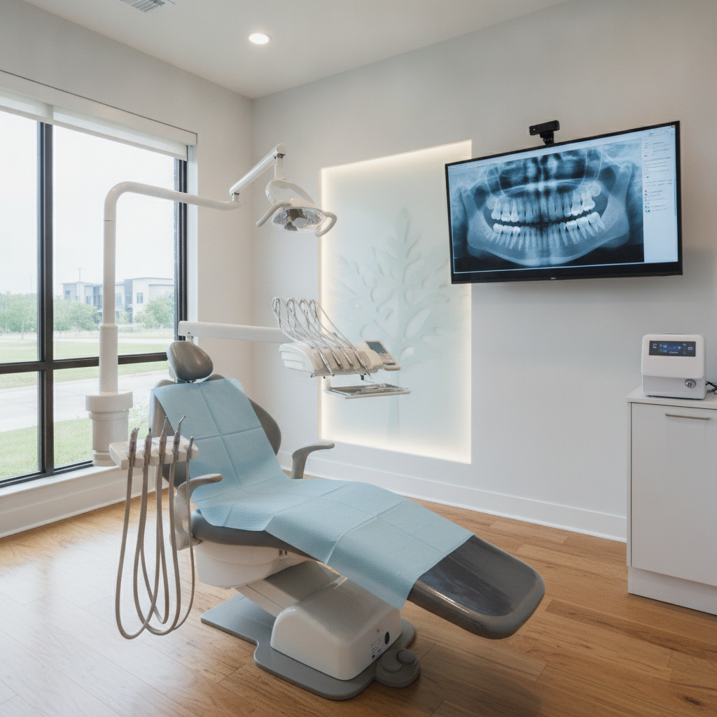 A modern, sunlit dental clinic reception area in Austin with warm wood accents, comfortable seating, and a calm, premium atmosphere.