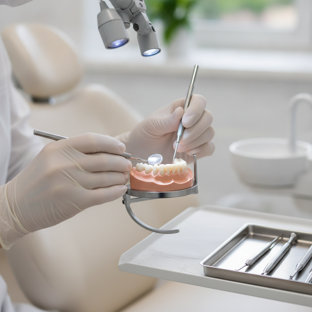 A dentist in professional clinical attire explaining a digital dental X-ray on a screen to a patient in a comfortable, state-of-the-art treatment room.