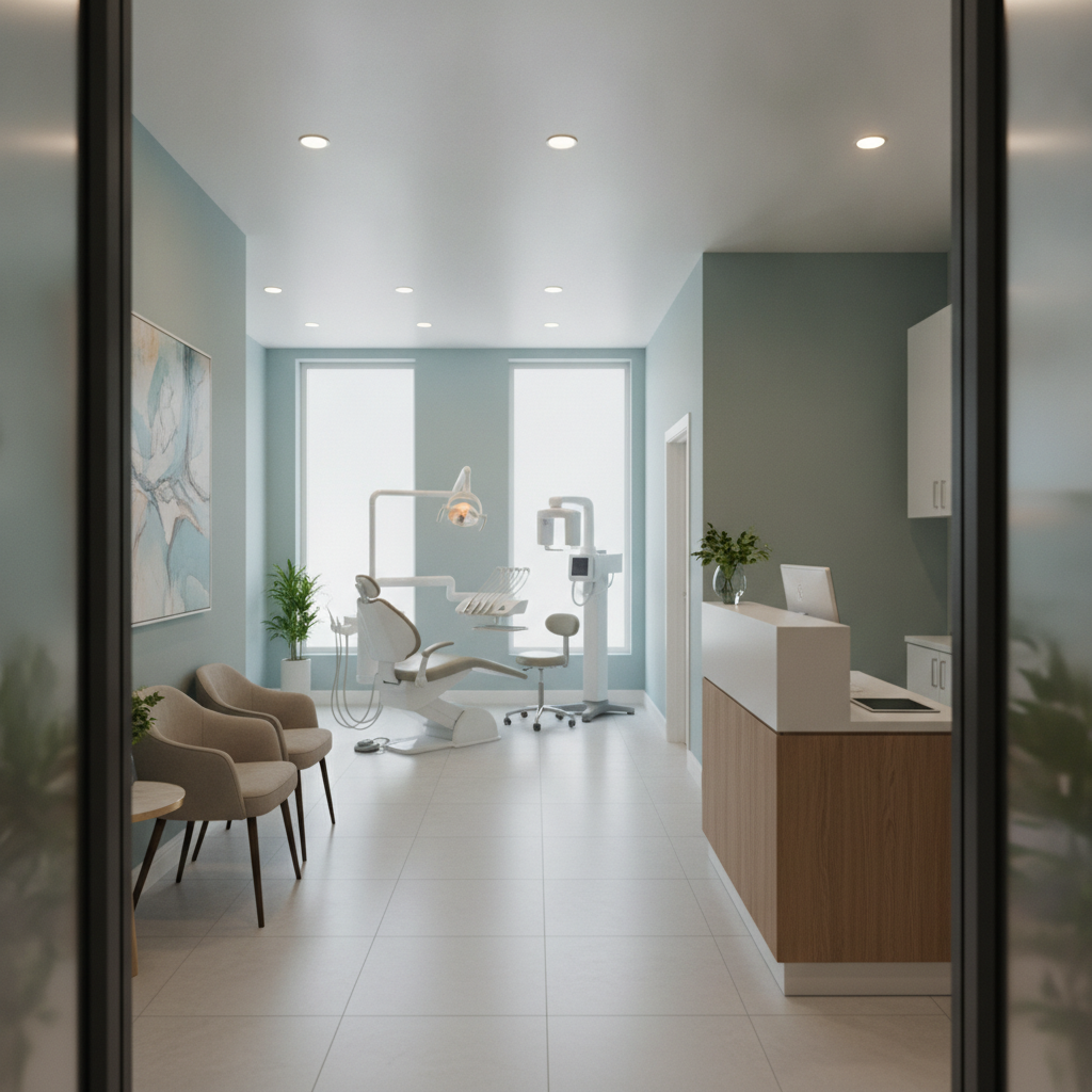 A modern, serene dental operatory in Austin, Texas, featuring a comfortable leather patient chair, clean minimalist design, and soft natural light coming through a large window.