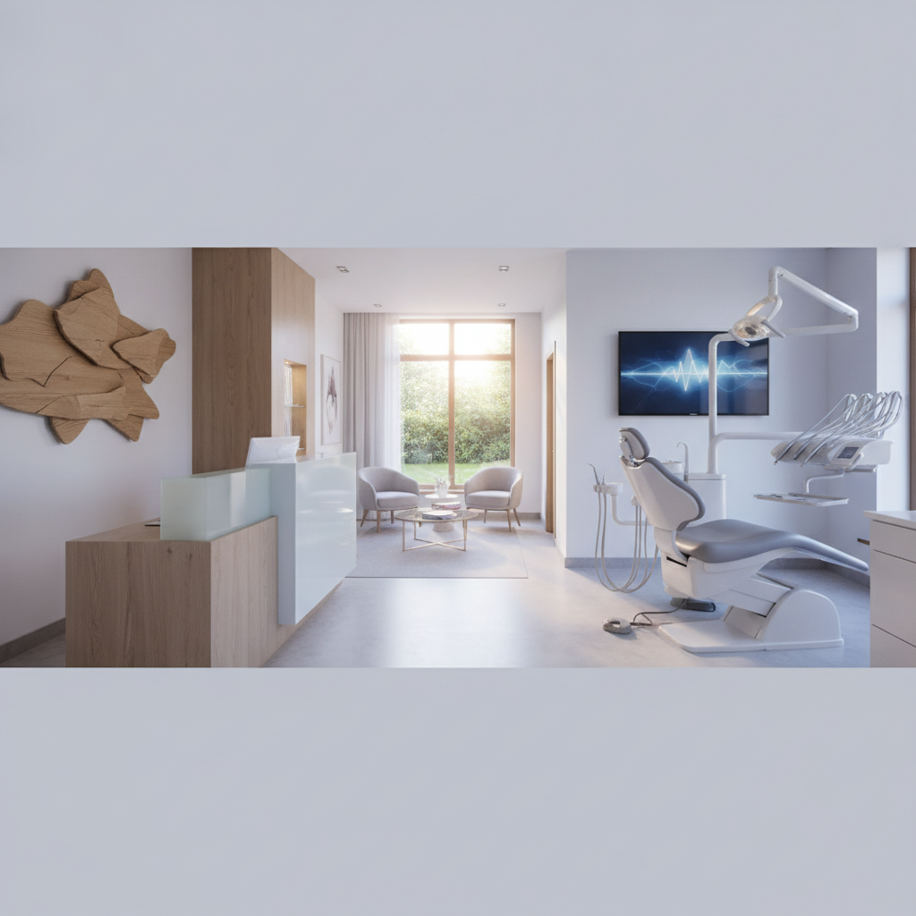 A modern, sunlit dental operatory in Austin, TX with clean lines, neutral tones, a comfortable leather patient chair, and state-of-the-art digital dental equipment, conveying a calm and premium clinical luxury atmosphere.