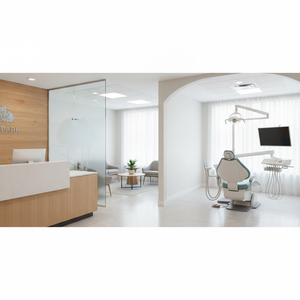 A modern, sunlit dental operatory in Austin with a premium leather patient chair, state-of-the-art clinical equipment, and a calming view of green trees through a large window.