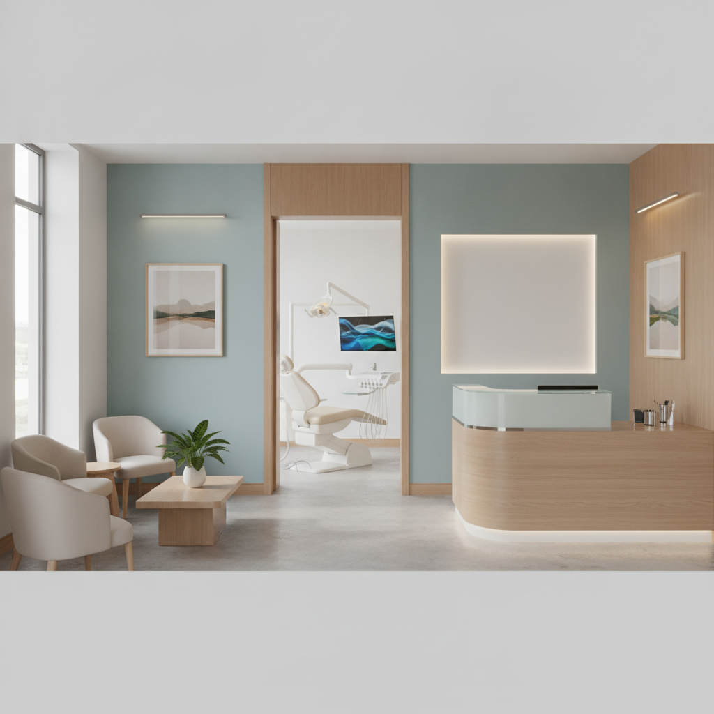A modern, minimalist dental operatory in Austin with soft ambient lighting, a comfortable leather patient chair, and state-of-the-art digital imaging equipment.
