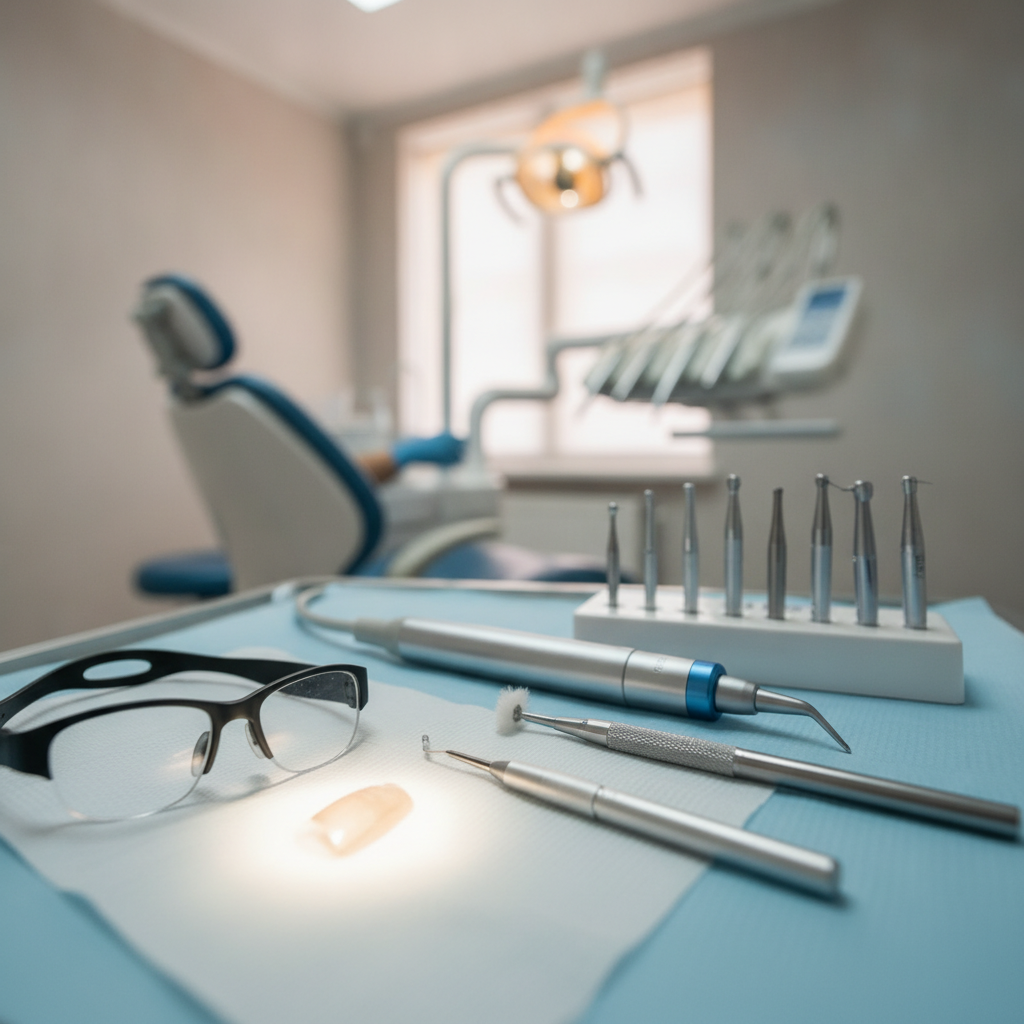 A professional dentist in clean clinical attire gently explaining a digital dental chart to a patient in a calm, premium Austin dental office.