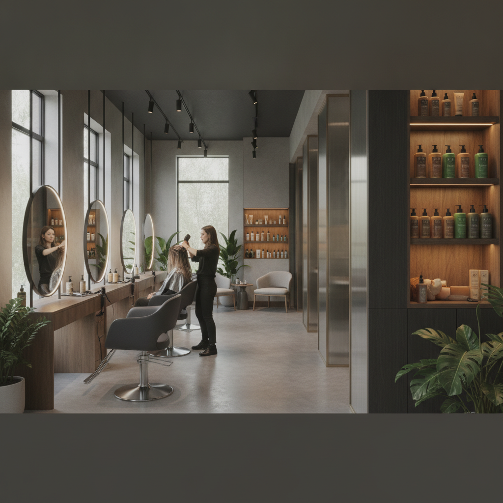 A serene, minimalist interior of a premium salon in Toronto, featuring soft natural lighting, elegant wooden accents, and comfortable styling stations.