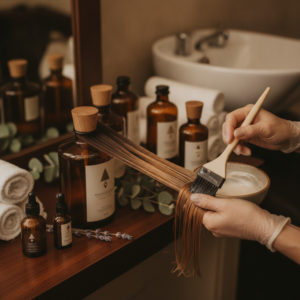 A professional stylist carefully applying custom color to a client's hair in a calm, modern salon setting.