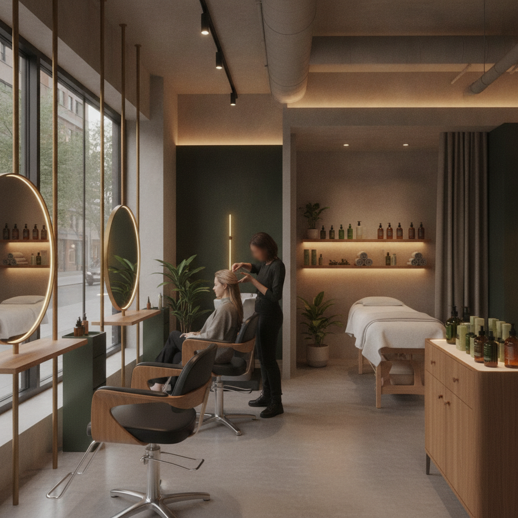 A sophisticated client with beautifully styled, multi-dimensional colored hair sitting in a modern, minimalist luxury salon chair at Ébène Salon & Spa in Toronto