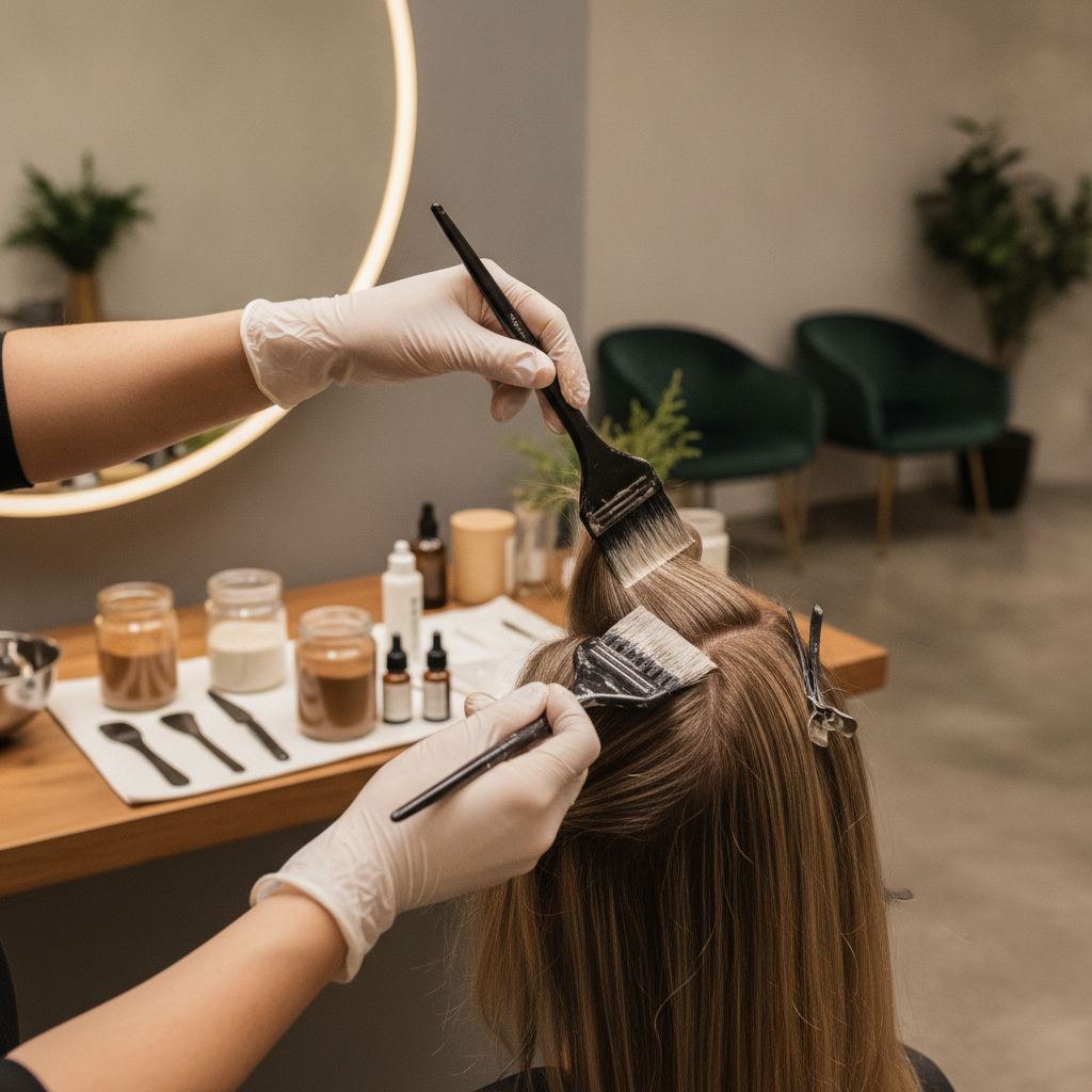 A professional stylist carefully applying custom hair color highlights to a client's hair in a serene, clean, and premium salon setting