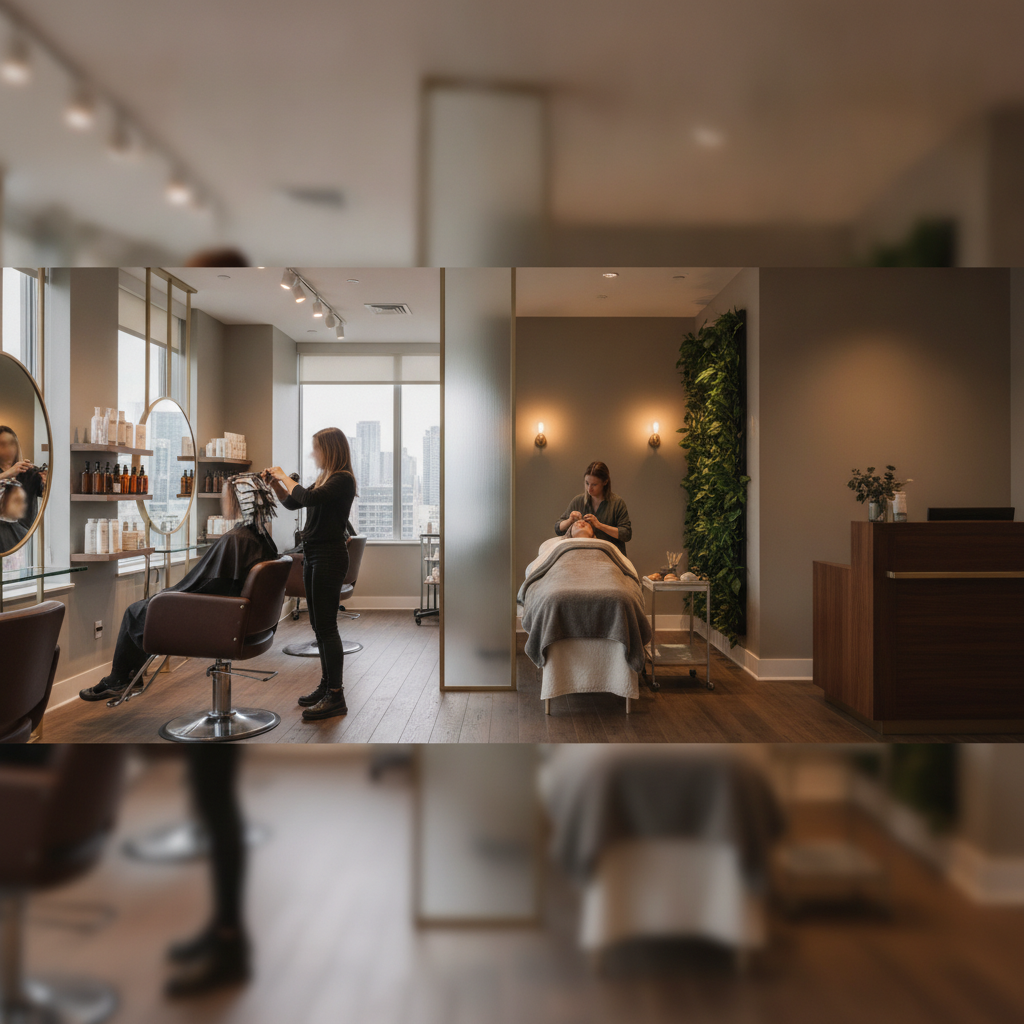 A serene, minimalist salon interior in Toronto with soft natural lighting, clean lines, a modern styling station, and lush green plants.
