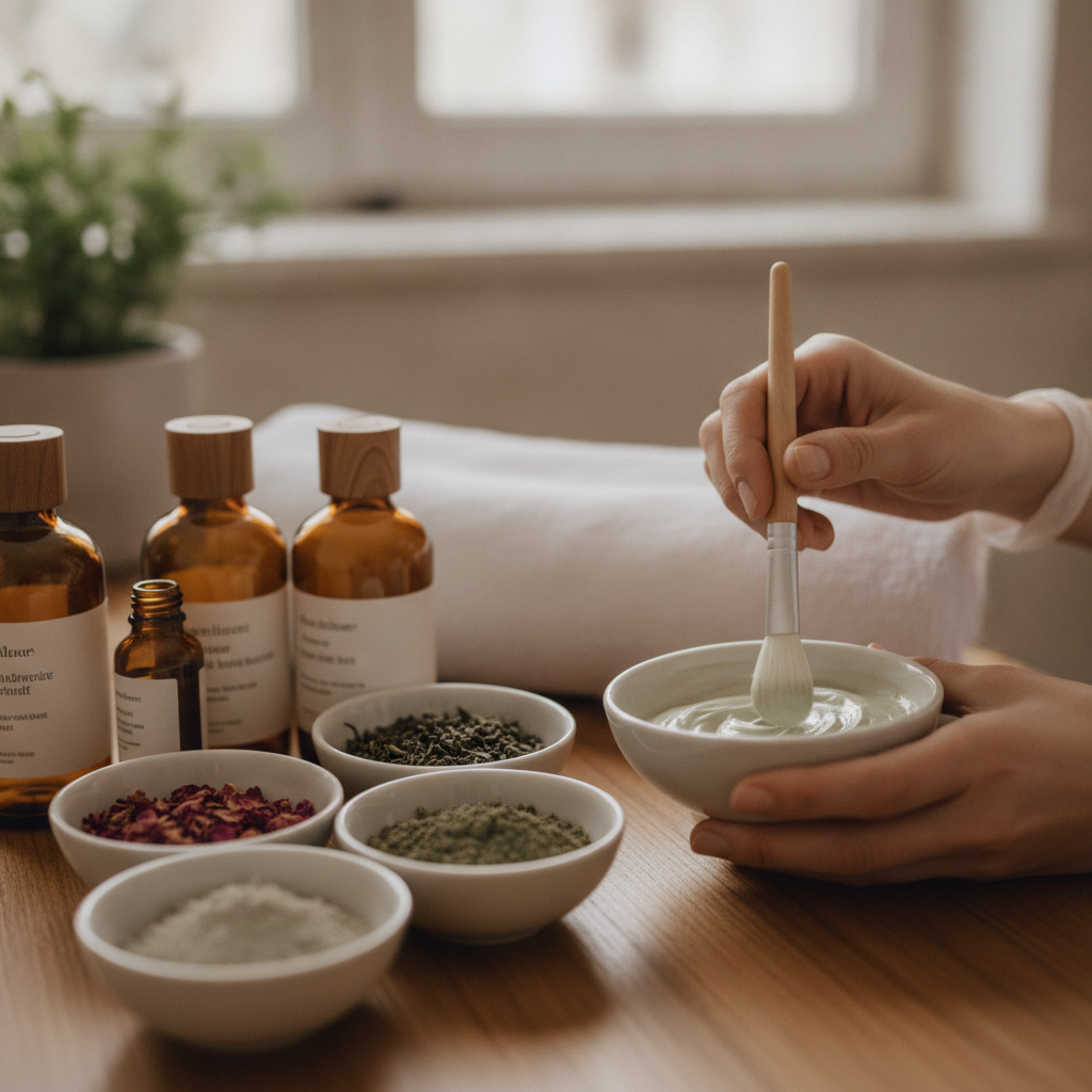 An aesthetician gently applying a premium facial treatment to a relaxed client in a quiet, softly lit spa room at Ébène Salon & Spa.