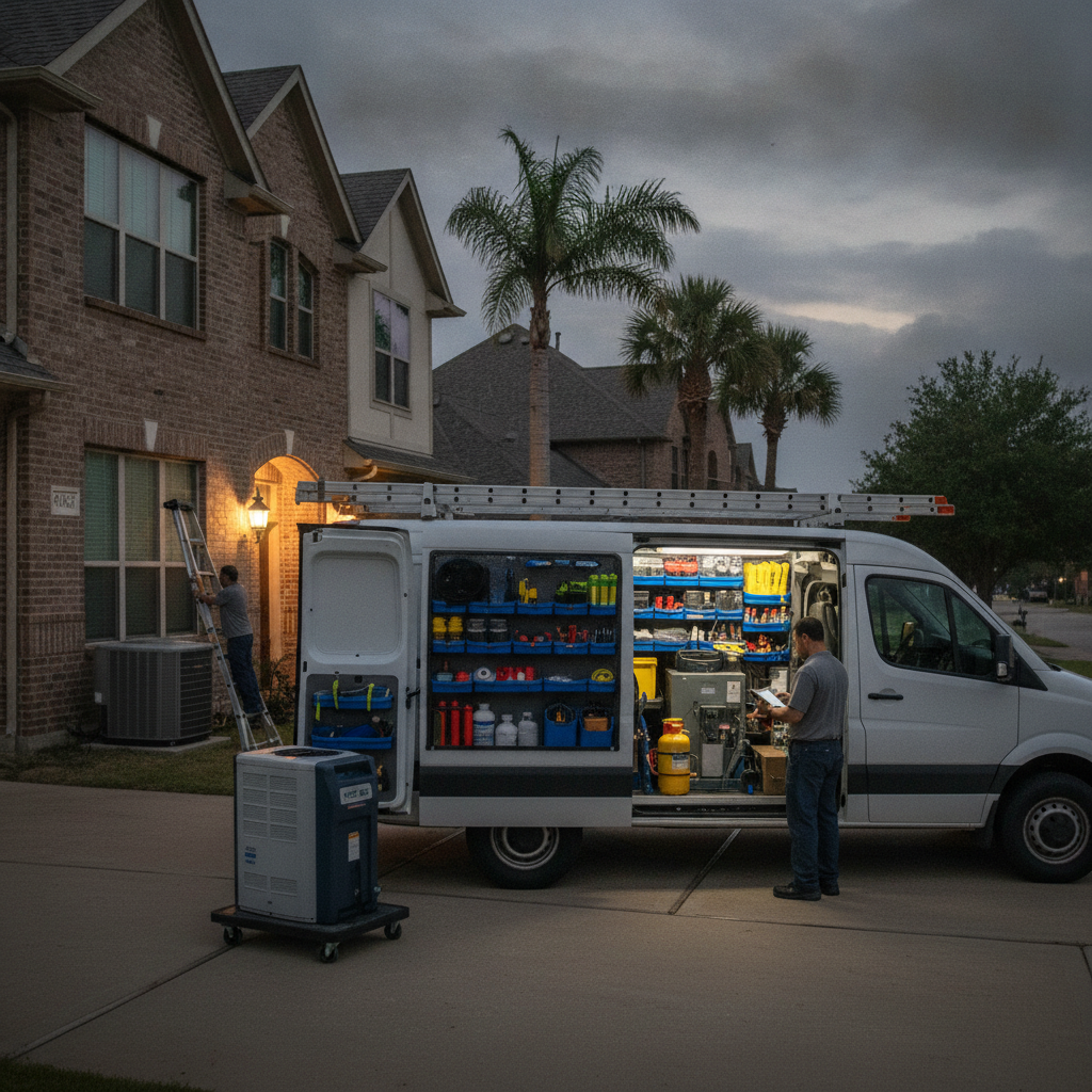 A professional HVAC technician in a clean uniform inspecting an outdoor air conditioning condenser unit outside a Houston, TX home.