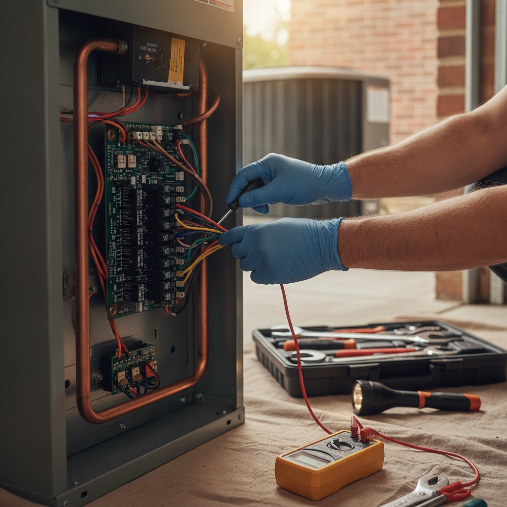 A close-up of a technician using diagnostic tools to test the electrical components of a residential heating and cooling system.